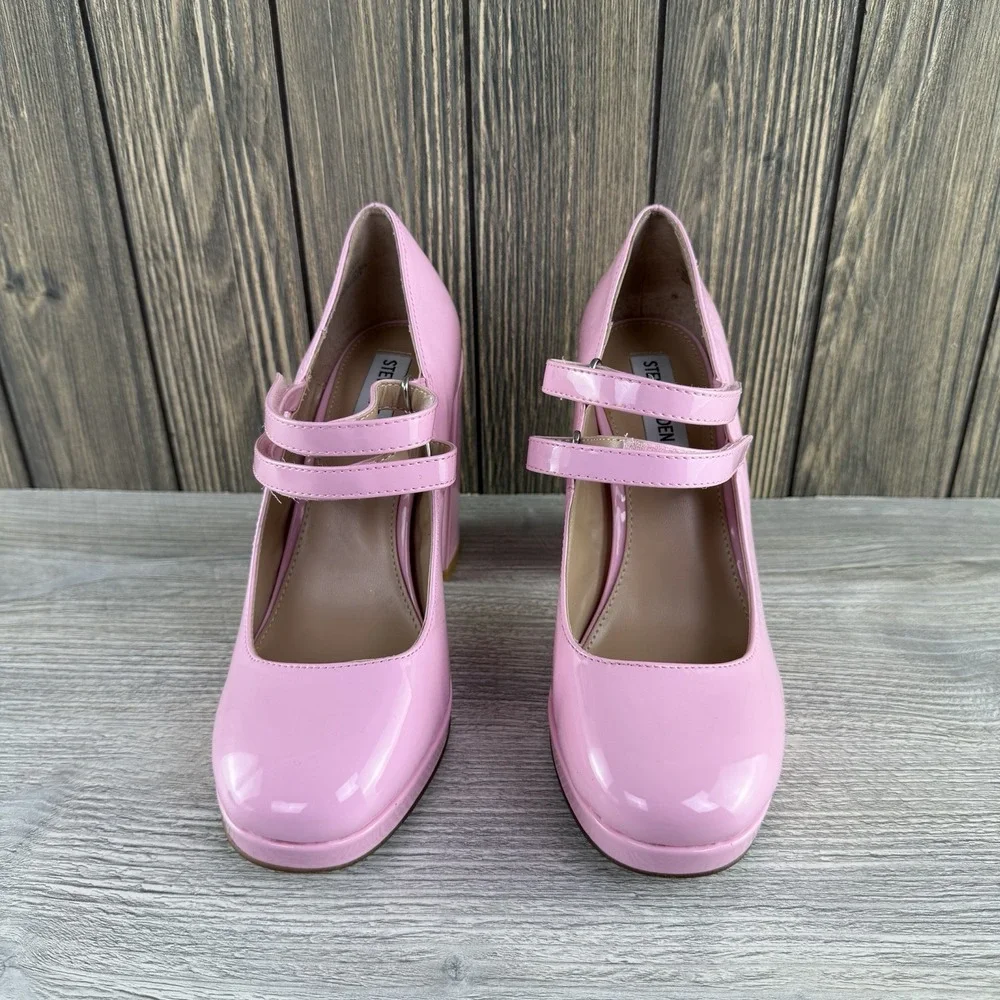 Steve Madden Womens 7.5 Pink Patent Mary Jane Platform Block Heel Pumps